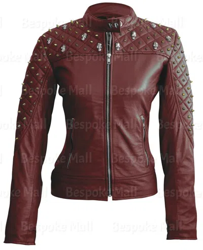 Pre-owned Handmade Women's Studded Zipper Stylish Dark Brown Genuine Cowhide Leather Jacket-927