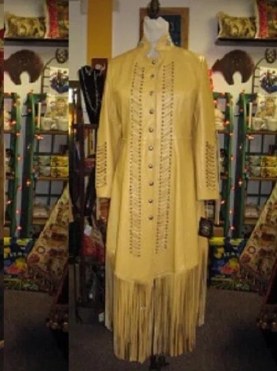 Pre-owned Handmade Women's Tan Leather Beaded Fringes Long Wedding Dress Powwow Regalia Ld148 In Brown