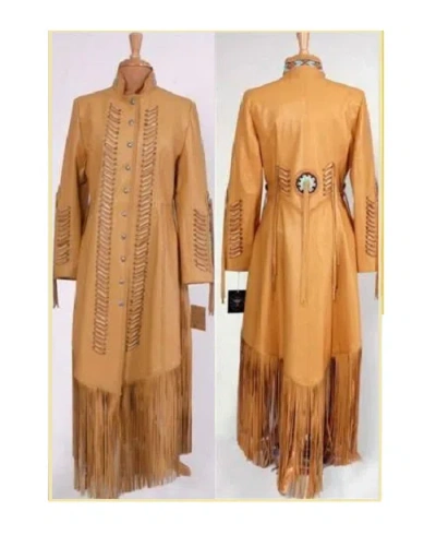 Pre-owned Handmade Women's Tan Leather Beaded Fringes Long Wedding Dress Powwow Regalia Ld149 In Brown