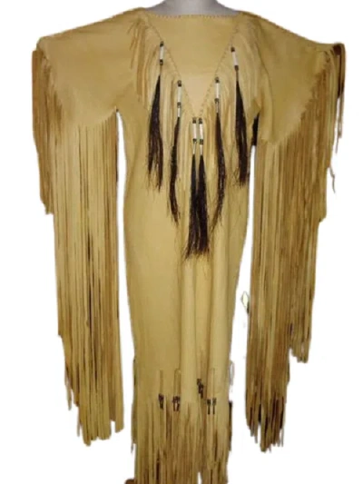 Pre-owned Handmade Women's Tan Leather Long Beaded Fringes Wedding Dress Powwow Regalia Wd222 In Brown