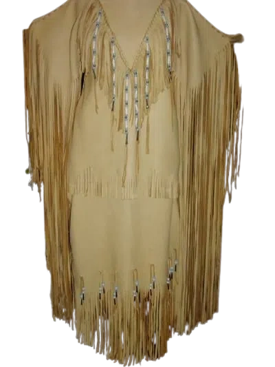 Pre-owned Handmade Women's Tan Leather Long Beaded Fringes Wedding Dress Powwow Regalia Wd223 In Brown