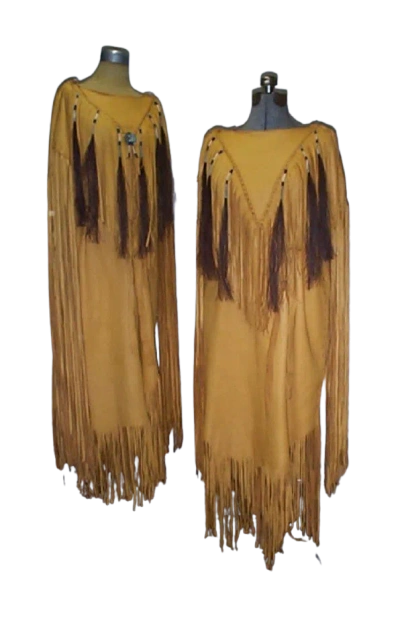Pre-owned Handmade Women's Tan Leather Long Fringes Wedding Dress Powwow Regalia Wd202 In Brown