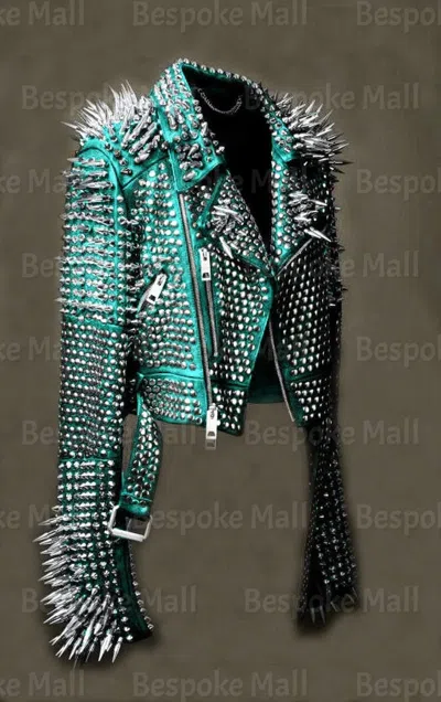 Pre-owned Handmade Women's Turquoise Blue High Spiked Studded Leather Jacket Steam Punk-294