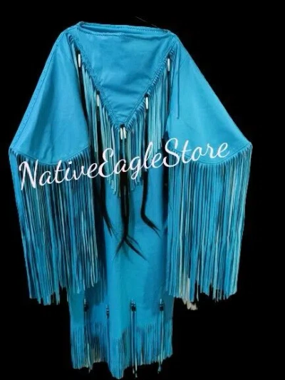 Pre-owned Handmade Women's Turquoise Leather Long Fringe Wedding Dress Powwow Regalia Pwd22t In Blue