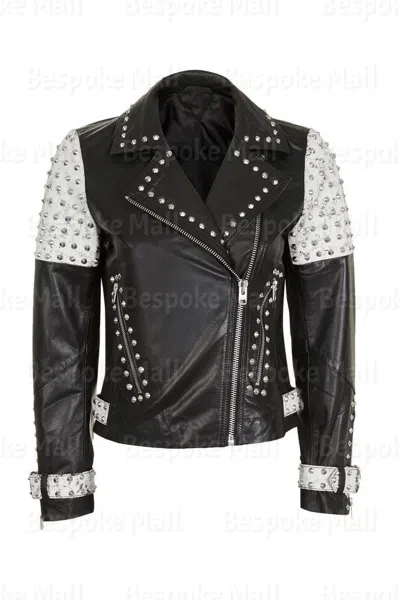 Pre-owned Handmade Women Two Tone Contrast Genuine Leather Silver Spike Studs Brando Jacket-181