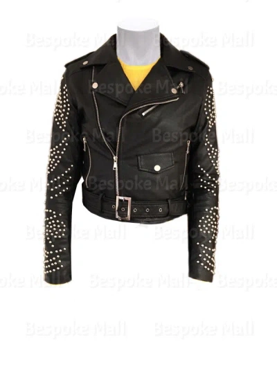 Pre-owned Handmade Women Unique Classic Silver Round Studded Zippered Biker Leather Jacket-283