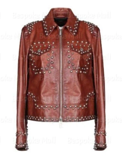Pre-owned Handmade Women Unique Punk Silver Studded Genuine Cowhide Biker Leather Jacket-831
