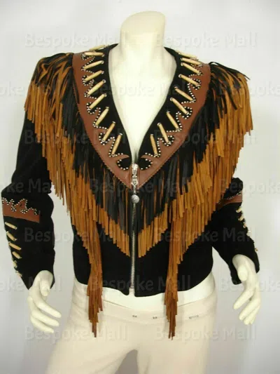 Pre-owned Handmade Women Western Black Fringes Ladies Suede Leather Jacket Native American-754