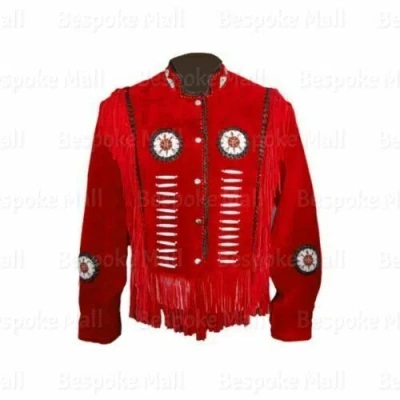 Pre-owned Handmade Women Western Coat Suede Leather Wear Cow-lady Fringe Bones Beads Jacket-763 In Red