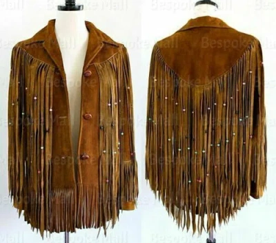 Pre-owned Handmade Women's Western Fringes Beads Ladies Suede American Real Leather Jacket-752 In Brown