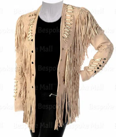 Pre-owned Handmade Women's Western Fringes Bones Suede Leather Jacket Native American Coat-427 In White