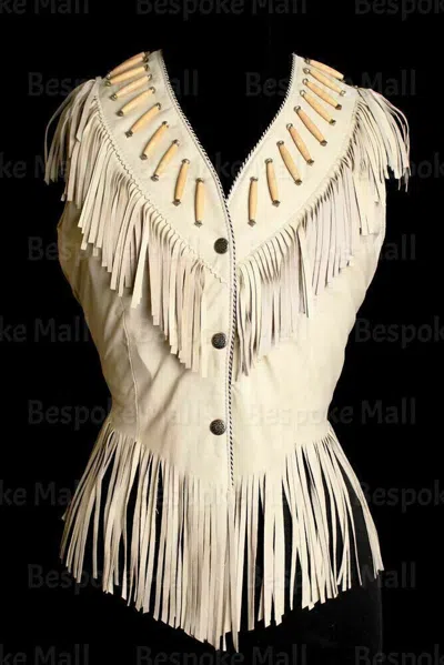Pre-owned Handmade Women's Western Suede Leather Vest Coat Cow-lady Ladies Jacket Fringes-753 In White