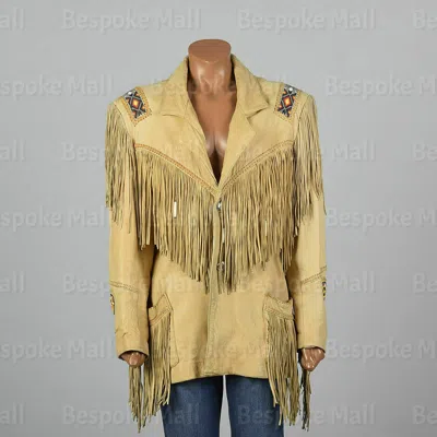 Pre-owned Handmade Women's Western Wear Beaded Suede Leather Jacket Cowgirl Fringed Jacket-764 In Yellow