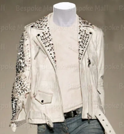 Pre-owned Handmade Women White Black Tonal Studs Brando Style Cowhide Biker Leather Jacket-354