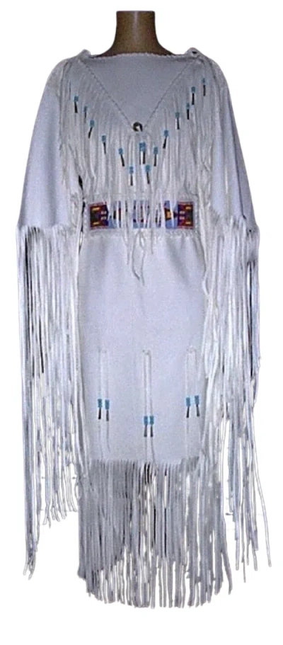 Pre-owned Handmade Women's White Leather Long Fringes Beaded Wedding Dress Powwow Regalia Wd209
