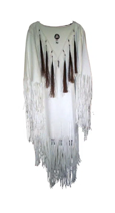 Pre-owned Handmade Women's White Leather Long Fringes Beaded Wedding Dress Powwow Regalia Wd246