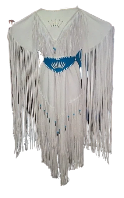 Pre-owned Handmade Women's White Leather Long Fringes Blue Belt Wedding Dress Powwow Regalia Wd206
