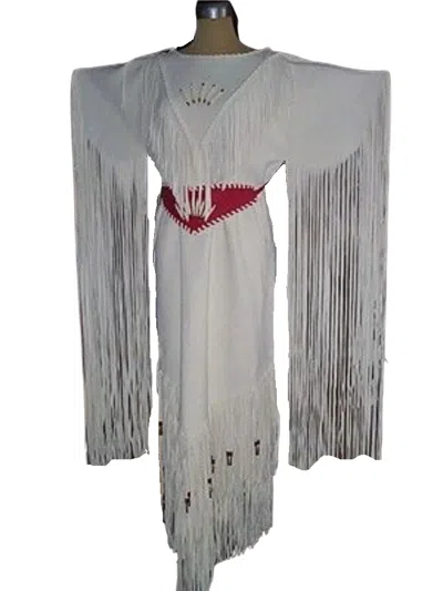 Pre-owned Handmade Women's White Leather Long Fringes Red Belt Wedding Dress Powwow Regalia Wdr206