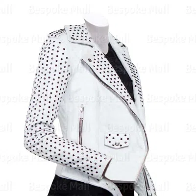 Pre-owned Handmade Women White Punk Metallic Black Studded Classic Designed Leather Jacket-132