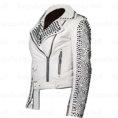 Pre-owned Handmade Women's White Punk Metallic Studded Star Design Genuine Leather Jacket-668