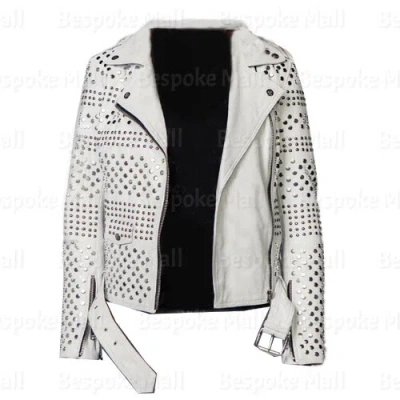 Pre-owned Handmade Women's White Punk Silver Studded Classic Designed Biker Leather Jacket-975