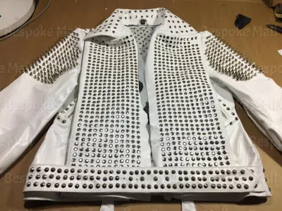 Pre-owned Handmade Women's White Silver Spiked Studded Punk Cowhide Biker Leather Jacket-682