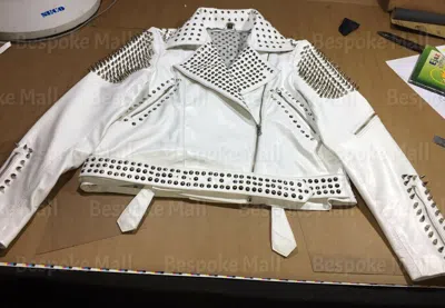 Pre-owned Handmade Women's White Silver Spiked Studded Unique Cowhide Biker Leather Jacket-683