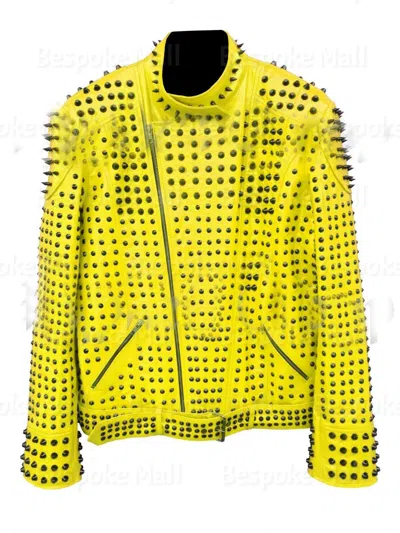 Pre-owned Handmade Women Yellow Full Black Tonal Spiked Studded Punk Cowhide Leather Jacket-983