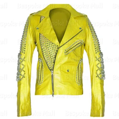 Pre-owned Handmade Women's Yellow Heavy Metal Spiked Studded Classic Brando Leather Jacket-12