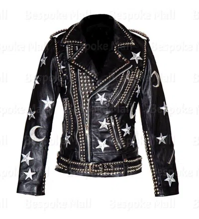 Pre-owned Handmade Womens Brando Style Black Silver Studs Star Patches Biker Leather Jacket-874 In Gold