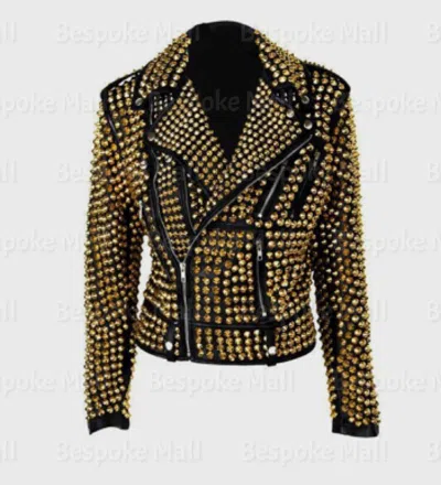 Pre-owned Handmade Womens Golden Spiked Studded Punk Unique Classic Cowhide Leather Jacket-1095 In Black