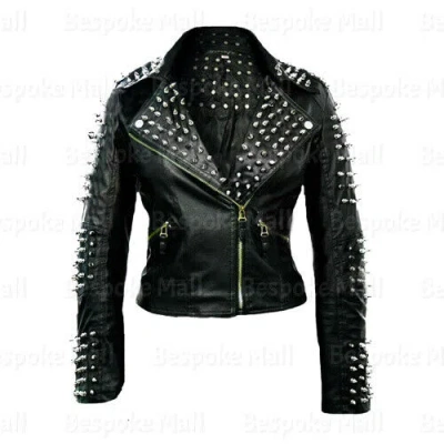 Pre-owned Handmade Womens  Silver Spiked Studded Black Biker Cowhide Leather Jacket-774