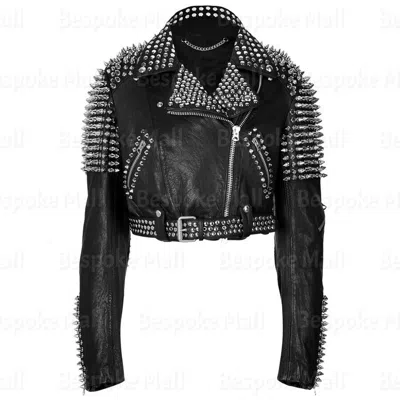 Pre-owned Handmade Womens Punk Silver Metallic Spiked Studded Brando Classic Leather Jacket-853