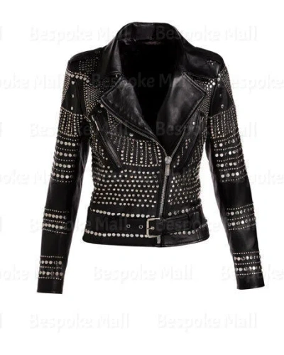 Pre-owned Handmade Womens Top Quality Luxury Silver Studded Leather Jacket Biker Brando Belted-296