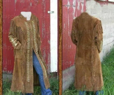 Pre-owned Handmade Womens Western Fringes Bones Ladies Suede Leather Jacket Native American-887 In Brown