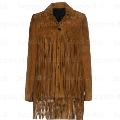 Pre-owned Handmade Womens Western Native America Brown Button Suede Leather Jacket Fringes-1020