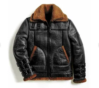 Pre-owned Handmade Ww2 Raf Men's B3 Bomber Aviator Pilot Authentic Sheepskin Jacket Double Fur Col In Brown