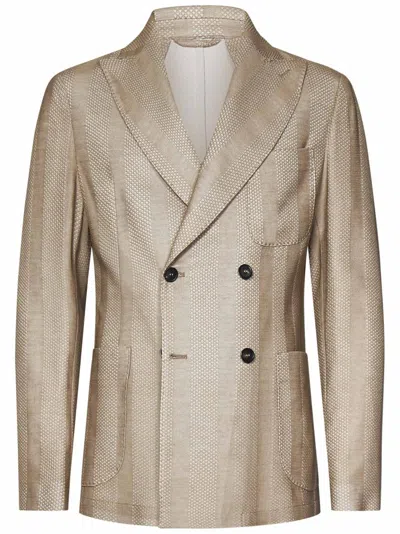 Handpicked Double-breasted Blazer In Hazelnut Jacquard Cotton In Metallic