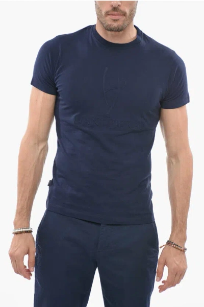 Handpicked Solid Color Lucca Crew-neck T-shirt With Embossed Logo In Blue