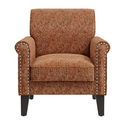 Handy Living Jean Traditional Rolled Arm Accent Chair With Pewter Nailheads In Chenille In Orange