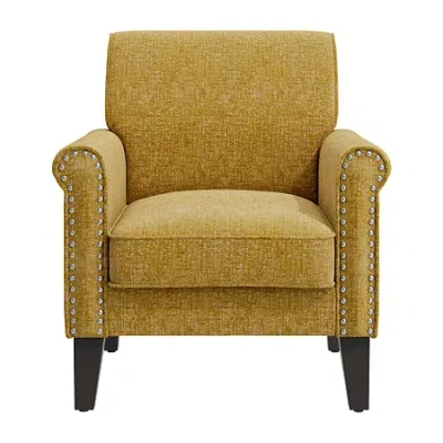 Handy Living Jean Traditional Rolled Arm Accent Chair With Pewter Nailheads In Chenille In Yellow