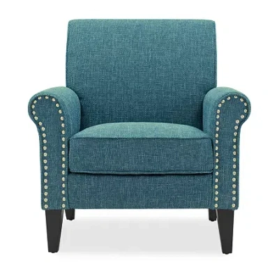 Handy Living Jean Traditional Rolled Arm Accent Chair With Pewter Nailheads In Tweed In Blue