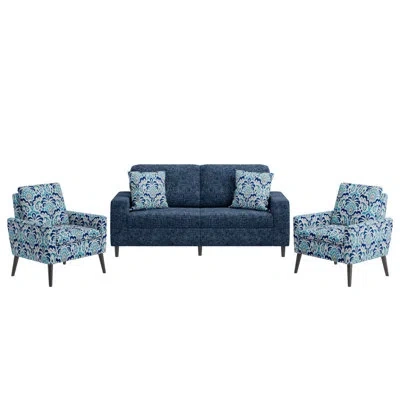 Handy Living Wilmington Mid-century Modern Small Space Living Room Set With Sofa And Curved Arm Accent Chairs In Navy,teal Polyester