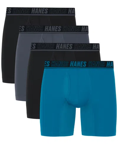 Hanes Men's 4pk. Ultimate Moves Boxer Brief Logo Underwear In Teal,grey,black