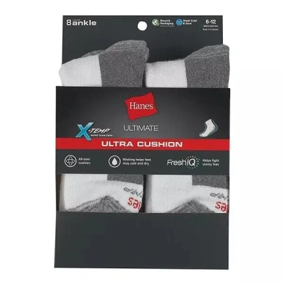 Pre-owned Hanes ® Men's 8-pairs Ankle Socks "freshiq® & Ultimate® & X-temp & Cotton® " In White With Gray Heel Toe