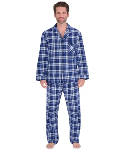 Hanes Men's Flannel Button Down Pajama Sleep Set In Indigo Ink Plaid