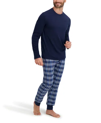 Hanes Men's Long Sleeve Crew Flannel Sleep Set In Blue