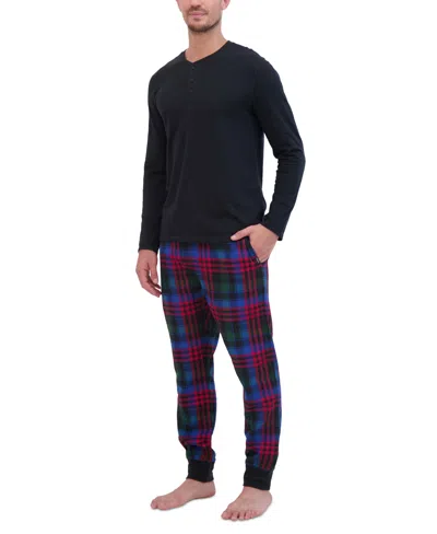 Hanes Men's 2-pc. Long-sleeve Henley Crew Top & Ultra Soft Flannel Jogger Pant Sleep Set In Black