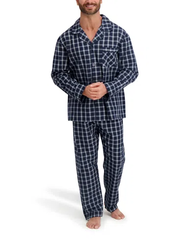 Hanes Men's Woven Button Down Pajama Sleep Set In Blue
