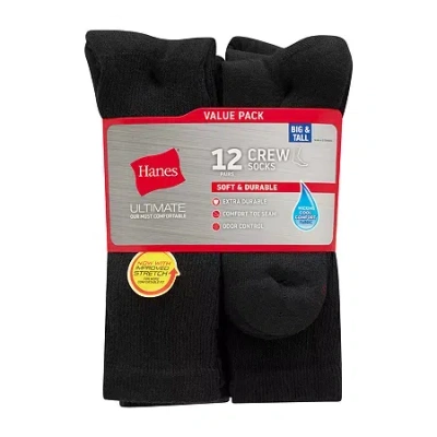 Hanes Ultimate Mens 12 Pair Big And Tall Crew Socks In Black